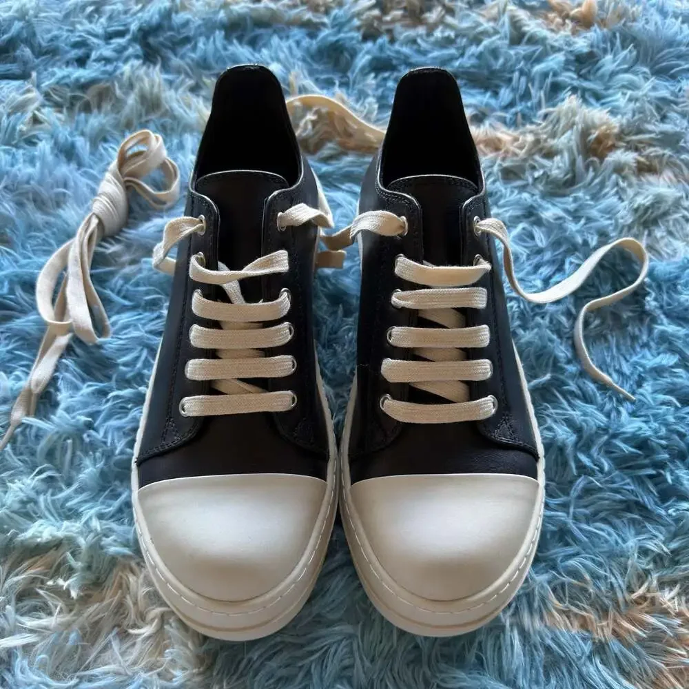 Rick Owens Black and White Leather Low-Top Sneakers